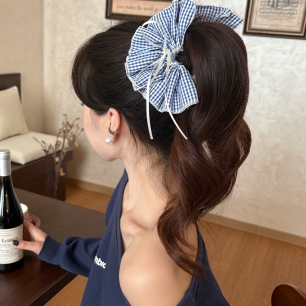 甜美丝带蝴蝶结格子裙摆抓夹女后脑勺盘发鲨鱼夹发卡半扎发马尾夹