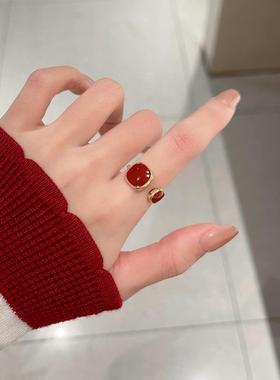 红色几何方糖开口戒指女小众设计可调节指环甜美食指戒新年手饰品