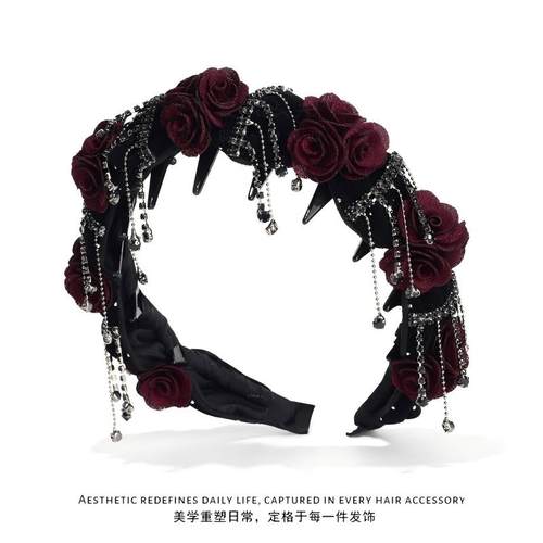 高端玫瑰花闪钻流苏发箍女2025新款压发头箍洋气时尚发捆气质头饰