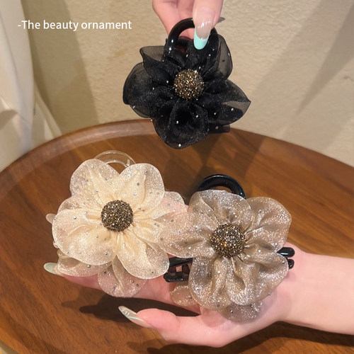 高级感水钻珠珠太阳花朵抓夹女后脑勺发量少盘发夹半扎鲨鱼夹发卡