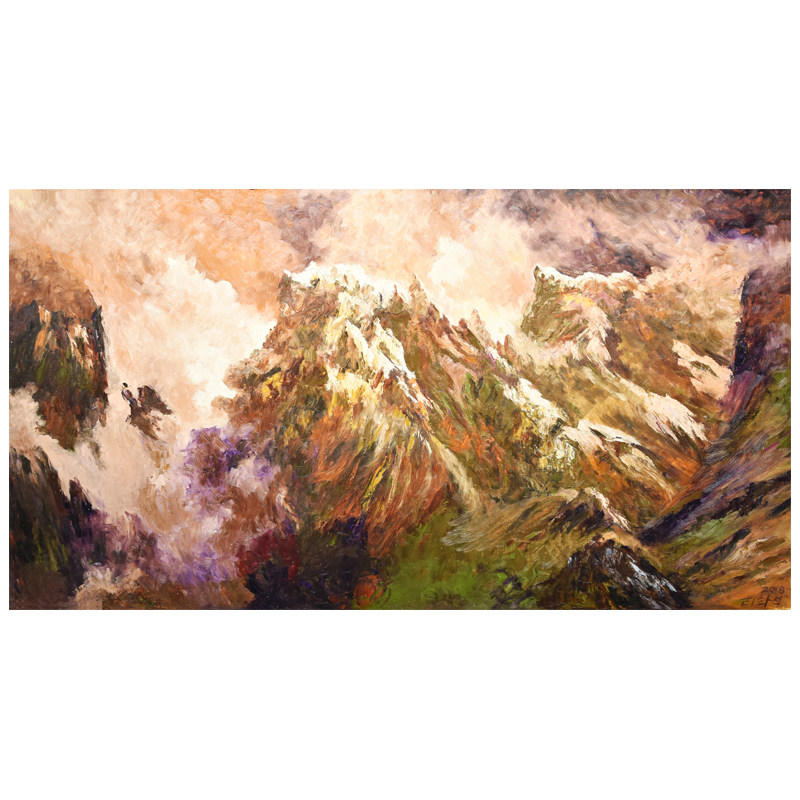 朝鲜风景油画 宽1.6米 李华植 人民艺术家《金刚山晚霞》we465