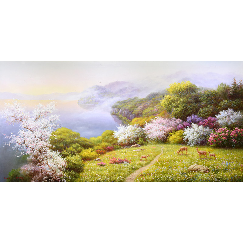 朝鲜风景油画 宽1.6米 朴英日 一级艺术家《湖畔之晨》bn511