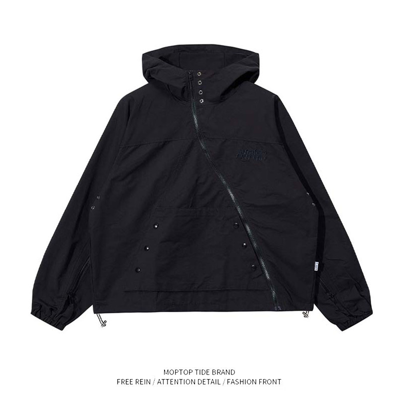 美式潮牌设计感斜拉链机能风痞帅冲锋衣外套男女春秋防风连帽夹克