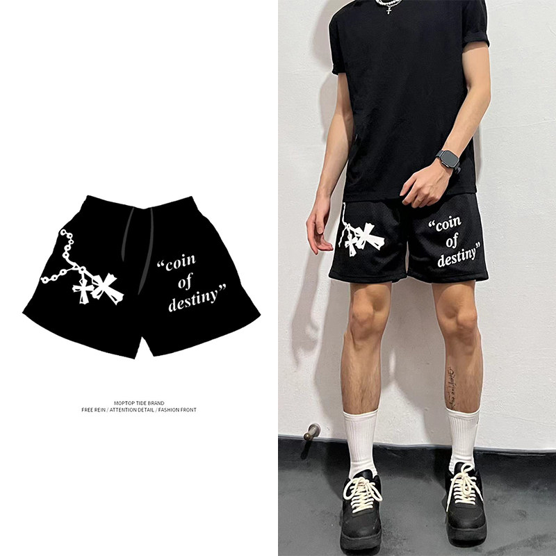 WH先生夏季新款复古休闲运动训练篮球双层网眼不过膝四分美式短裤