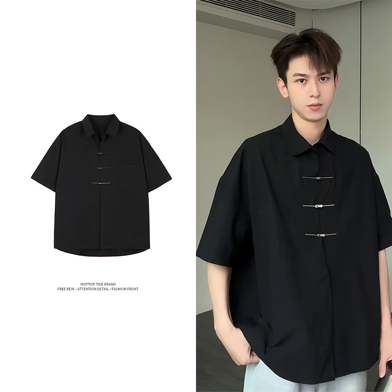 WH先生新中式冰丝衬衫短袖男夏季设计感飞机扣防晒衬衣高级感唐装