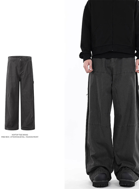 军绿色工装牛仔裤美式复古宽松直筒阔腿水洗休闲做旧男