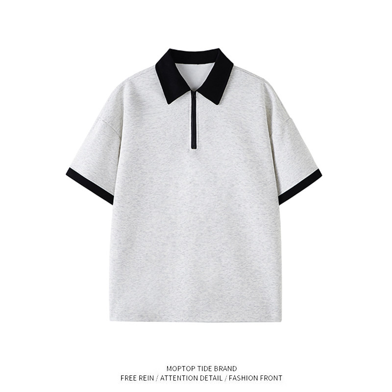 WHXS美式复古撞色短袖POLO衫男夏季高级感宽松半拉链翻领T恤