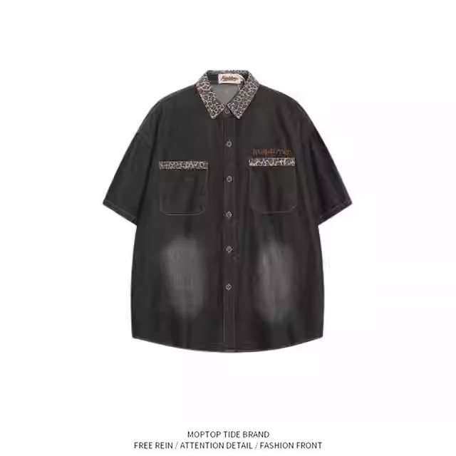 美式小众设计豹纹拼接牛仔短袖衬衫男女vintage复古街头夏季外套