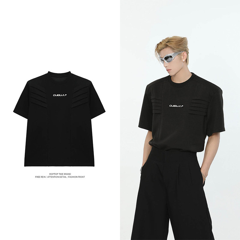 WH先生欧美高街设计感多层次结构垫肩短袖男夏季美式休闲半截袖