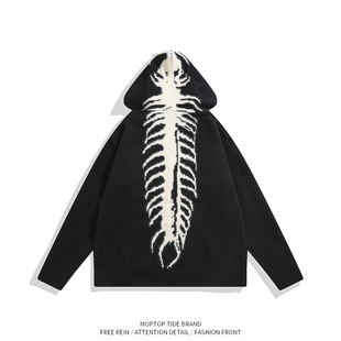 WH先生美式复古连帽毛衣男秋冬新款宽松慵懒风针织衫外套