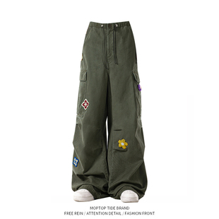 美式复古花朵刺绣工装裤女2025春设计感宽松休闲抽绳直筒阔腿裤子