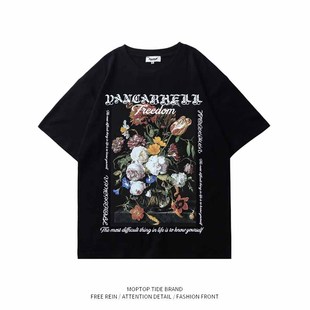 WH先生欧美复古玫瑰印花短袖T恤男潮牌街头bf风情侣休闲百搭tee