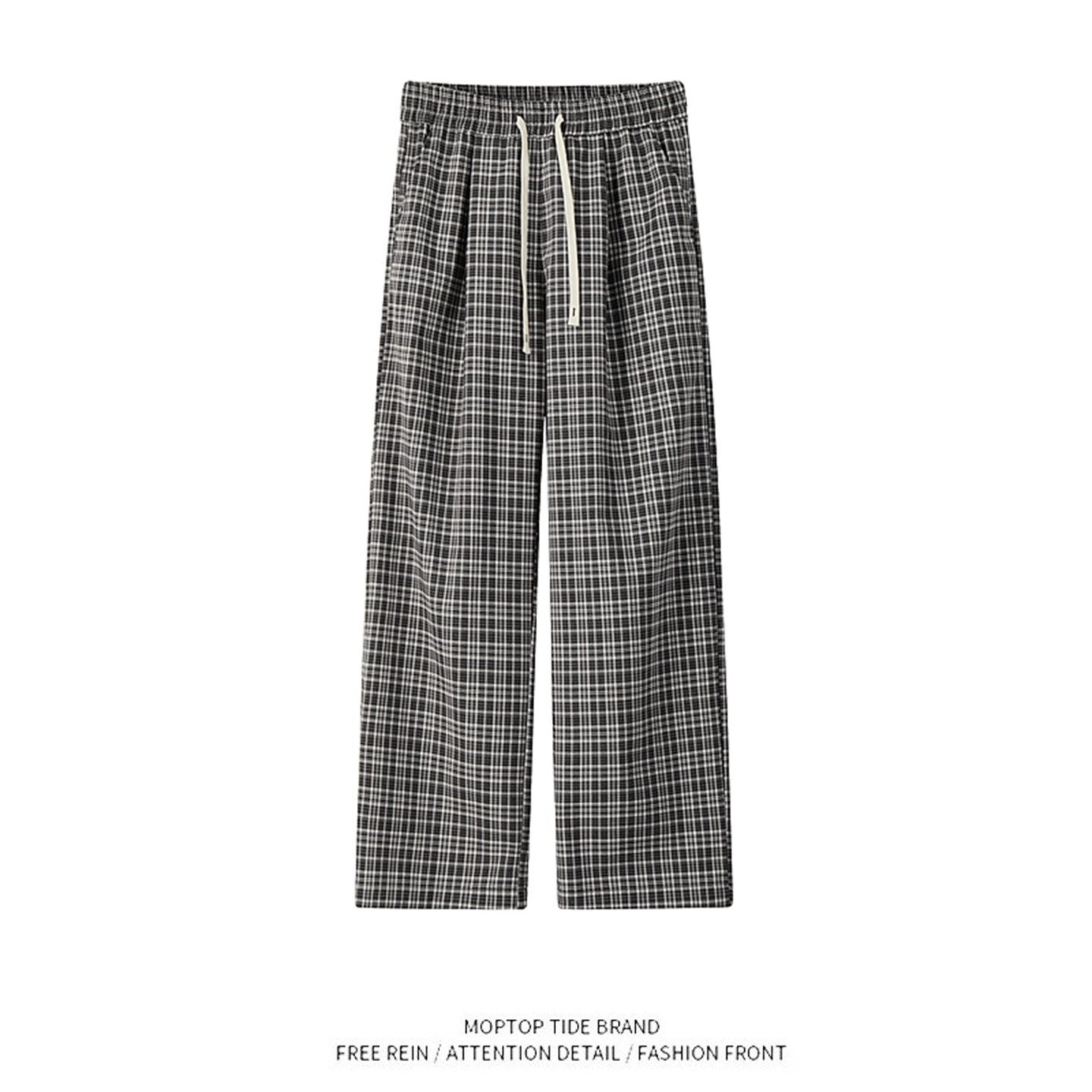 WH先生日系复古松紧腰抽绳休闲格子裤男女慵懒风宽松直筒阔腿裤