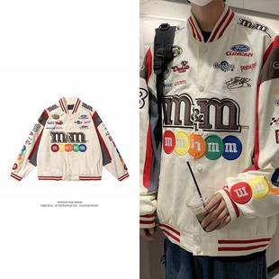 WH先生美式复古m豆棒球外套男女春秋季机车服2024新款潮牌夹克