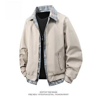 WH先生港式风格子拼接假两件翻领夹克男春秋宽松休闲外套