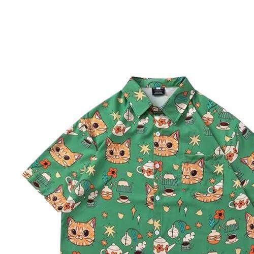 WH先生涂鸦卡通猫咪INS复古短袖花衬衫男女夏威夷日系泰国沙滩