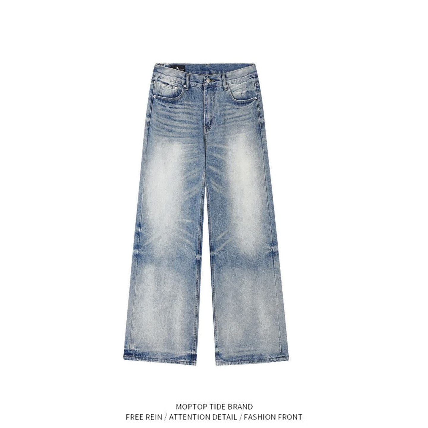 WHXS美式高街vibe风重磅A字版型水洗蓝直筒宽松牛仔裤男长裤