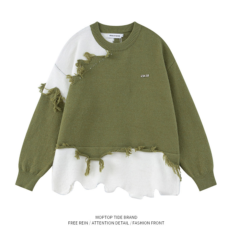 WHXS美式不规则磨破日系毛衣男女复古oversize情侣假两件针织线衫,男装,针织衫/毛衣,淘宝优惠券,粉丝福利购,淘宝优惠卷