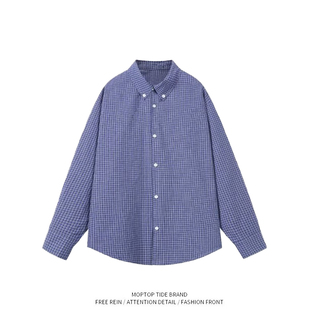 美式复古蓝色格子衬衫长袖男女高级感休闲宽松情侣衬衣外套春秋季