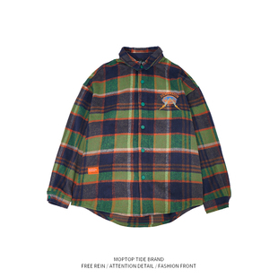 美式街头设计感格子衬衫男女同款秋季宽松潮牌字母刺绣情侣外套