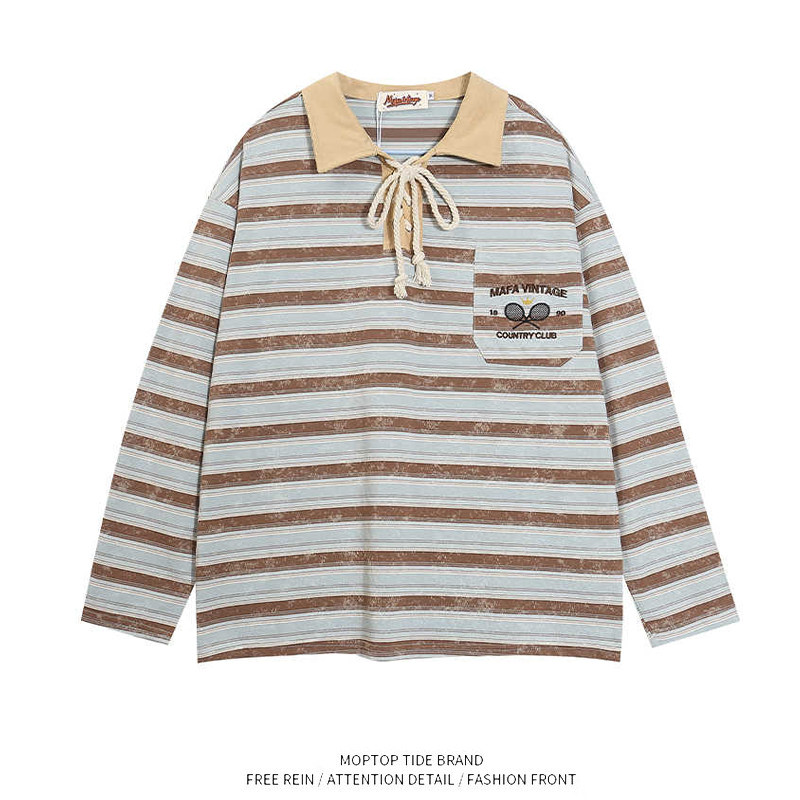 WH先生美式复古学院风条纹Polo衫男女宽松绑带设计感长袖T恤