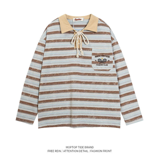 WH先生美式复古学院风条纹Polo衫男女宽松绑带设计感长袖T恤