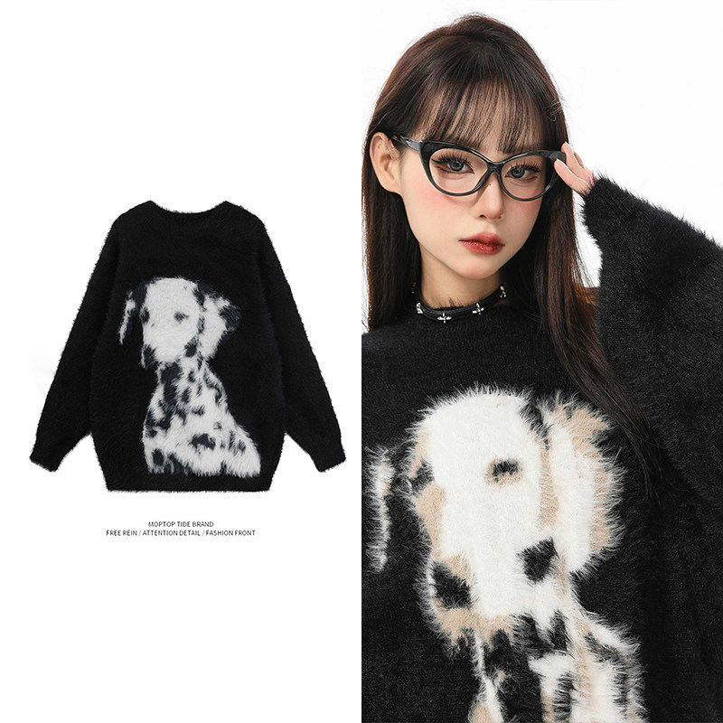 黑色斑点狗水貂绒毛衣女冬季宽松慵懒风加厚马海毛针织衫上衣秋冬