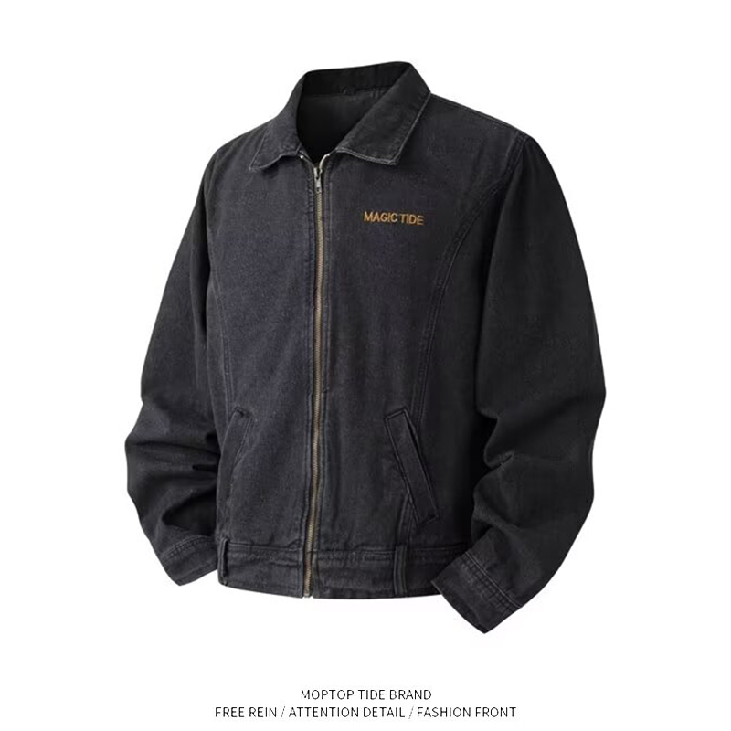 WH先生水洗做旧短款外套休闲男士高街复古拉链翻领牛仔夹克褂子