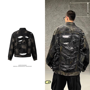 WH先生高街嘻哈潮牌泥巴磨烂撕裂大破坏涂鸦牛仔外套夹克男外套