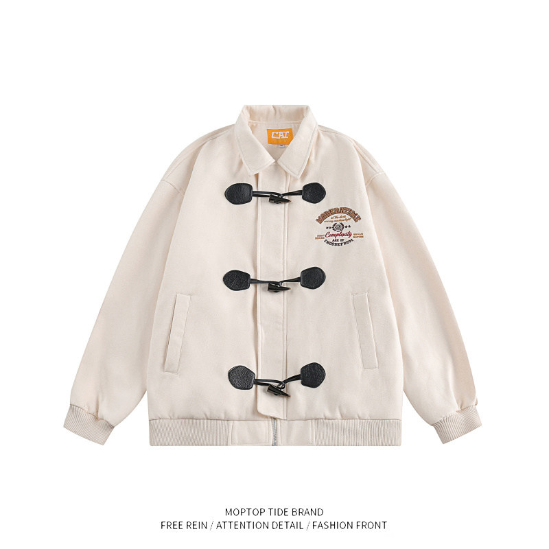 美式复古牛角扣毛呢外套男女春秋款潮牌高级感上衣复古休闲棒球服