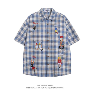 WH先生美式复古人物格子短袖衬衫男女夏季宽松百搭情侣衬衣