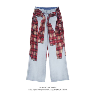 2025春夏美式数码印花格子衬衫立体浅蓝色牛仔裤男直筒宽松A字裤