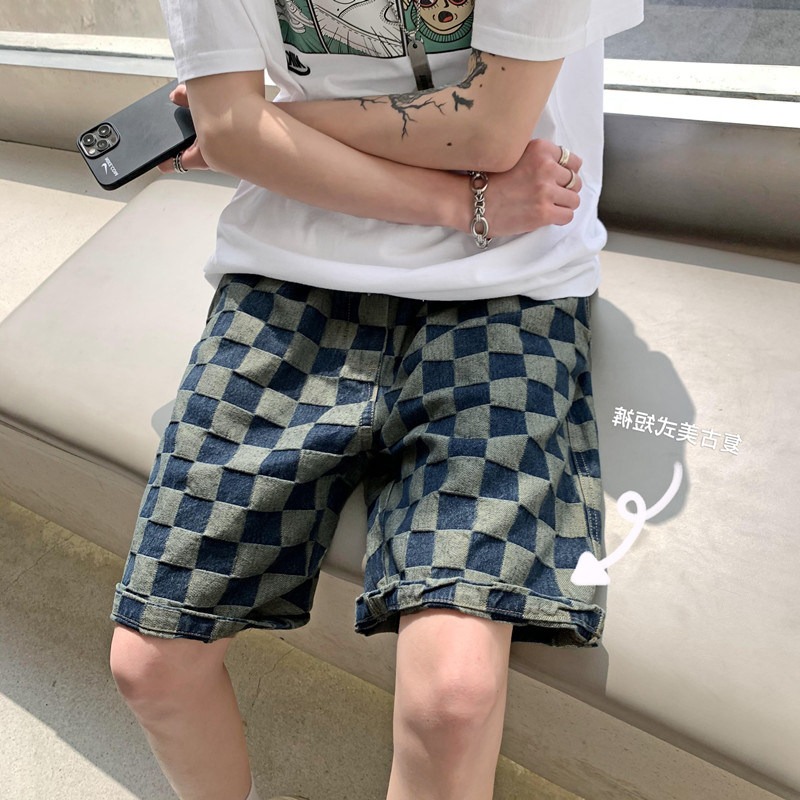 【限时优惠】格子牛仔短裤男