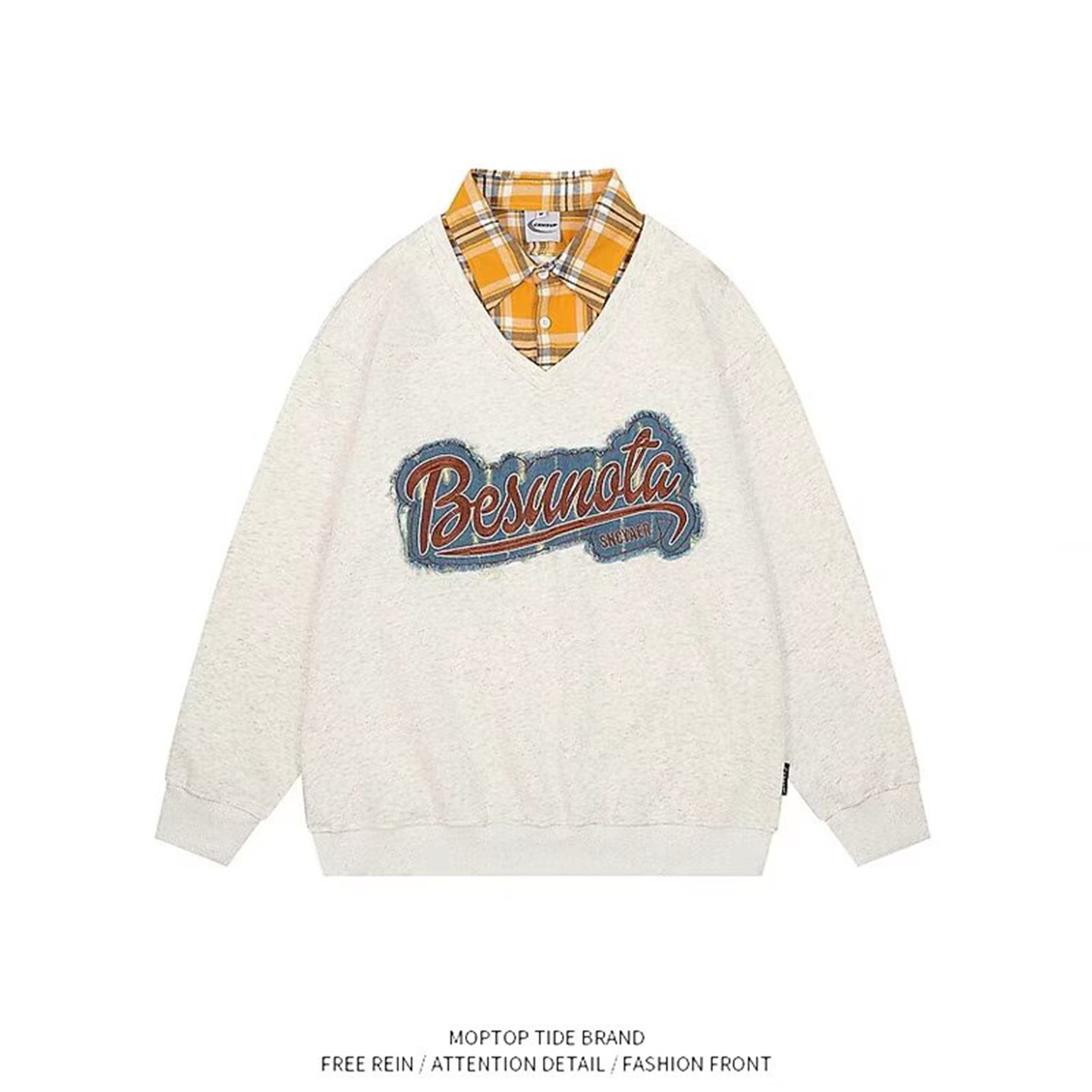 WHXS衬衫polo领假两件卫衣女春秋季学院风学生宽松美式复古外套