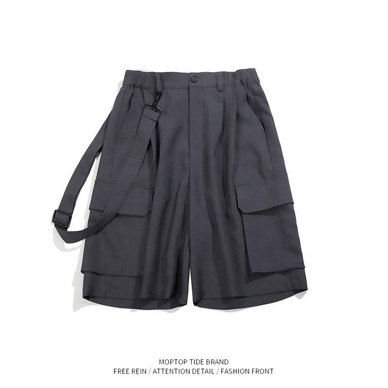 日系复古高街cityboy嘻哈单背带直筒短裤休闲西裤垂感口袋工装裤