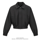 WH先生cleanfit简约短款 宽垫肩拉链夹克boxy翻领纯色外套男飞行员