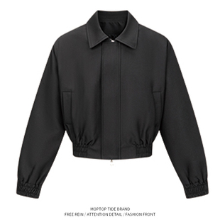 WH先生cleanfit简约短款 宽垫肩拉链夹克boxy翻领纯色外套男飞行员