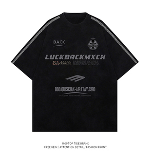 WH先生潮牌oversize宽松五分袖T恤欧美高街圆领短袖美式上衣