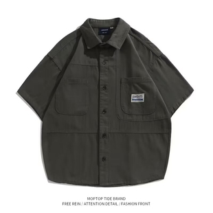 工装 美式 衬衫 宽松大码 潮牌ins设计感小众休闲衬衣 男短袖 WHXS夏季