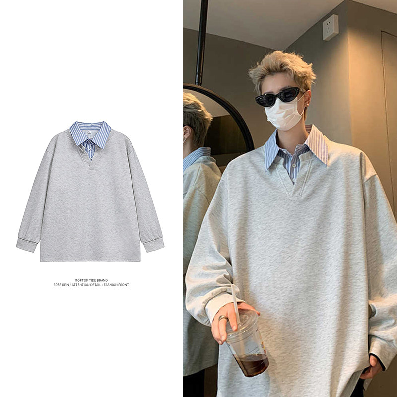 WHXS花灰色假两件美式polo衫男款成熟稳重长袖t恤衬衫领潮牌卫衣