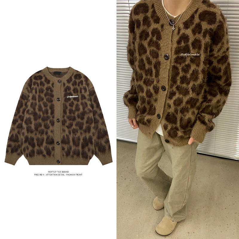 WHXS街头复古高级感豹纹开衫毛衣男女美式古着感软糯针织衫外套