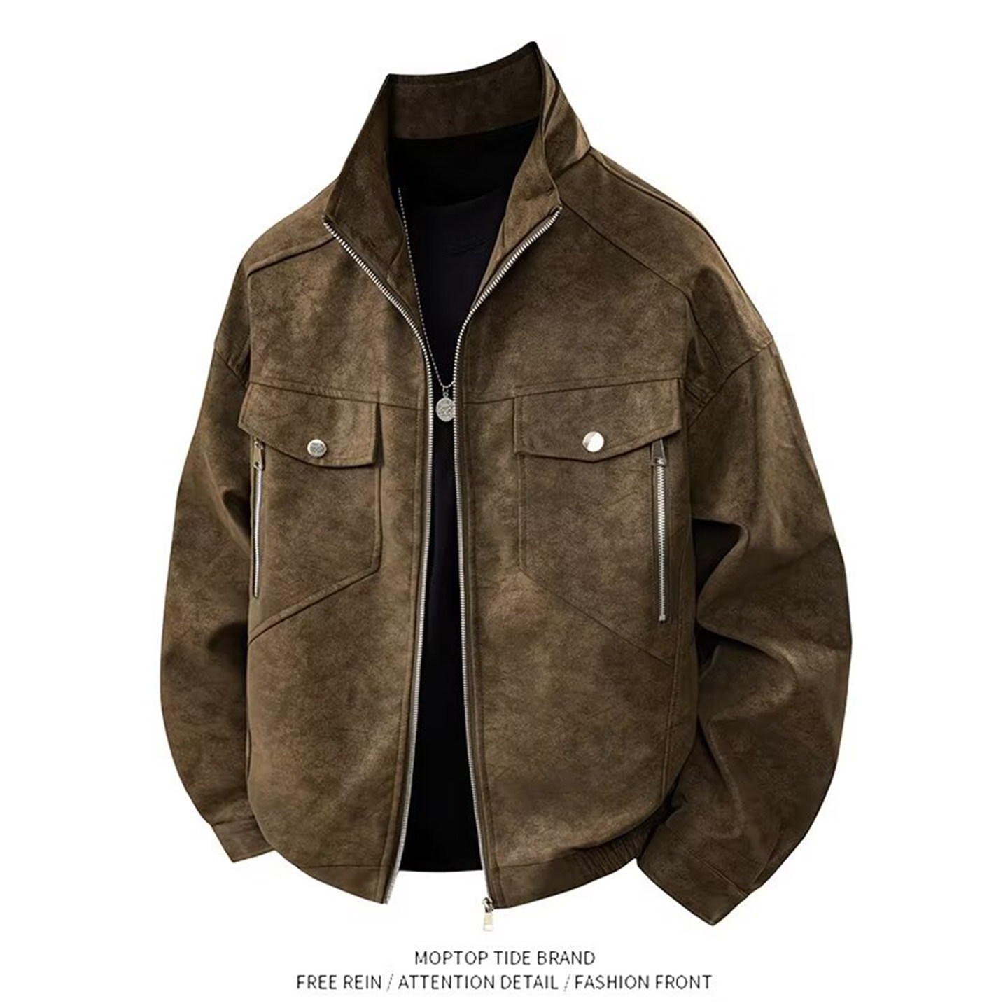 WH先生美式皮衣外套男春秋款潮牌立领麂皮绒夹克工装痞帅棒球服