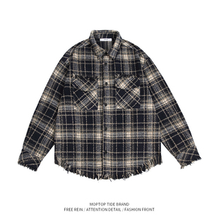 男潮牌宽松高街小众衬衣 衬衫 WH先生复古美式 格子毛边设计感长袖