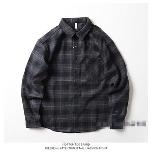 WH先生2025日系复古秋季厚实磨毛格子长袖衬衫男休闲外套衬衣潮