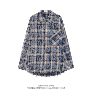 WH先生美式磨毛格子长袖衬衫痞帅复古休闲情侣衬衣外套春秋季