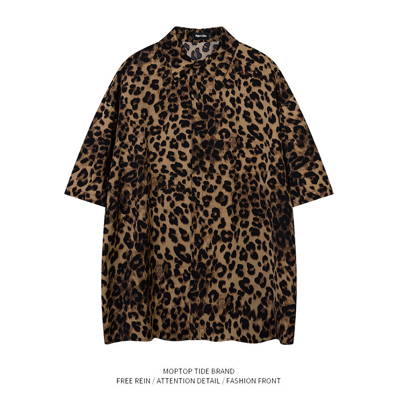 潮牌豹纹迷彩夏季短袖衬衣美式高街BF风情侣衬衫网红中性宽松外套