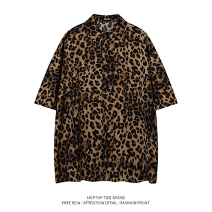 潮牌豹纹迷彩夏季短袖衬衣美式高街BF风情侣衬衫网红中性宽松外套