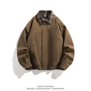 假两件外套男2026年新款翻领行政夹克男士春装潮牌格子拼接褂子男