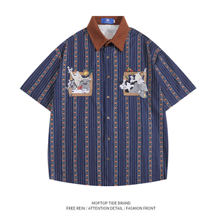 WH先生日系复古卡通刺绣竖条纹短袖衬衫男女宽松休闲衬衣夏