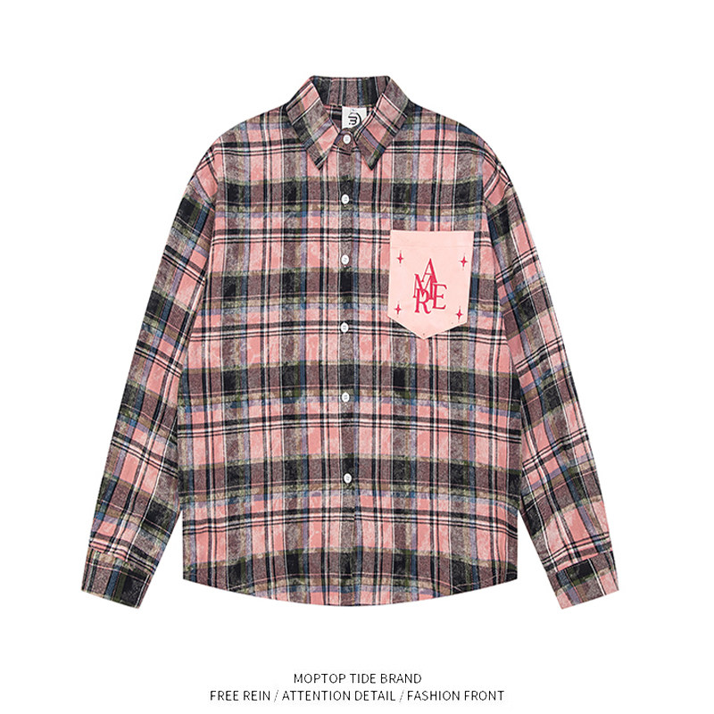 WH先生洗水做旧刺绣格子衬衫外套男女春秋美式宽松防晒衬衣